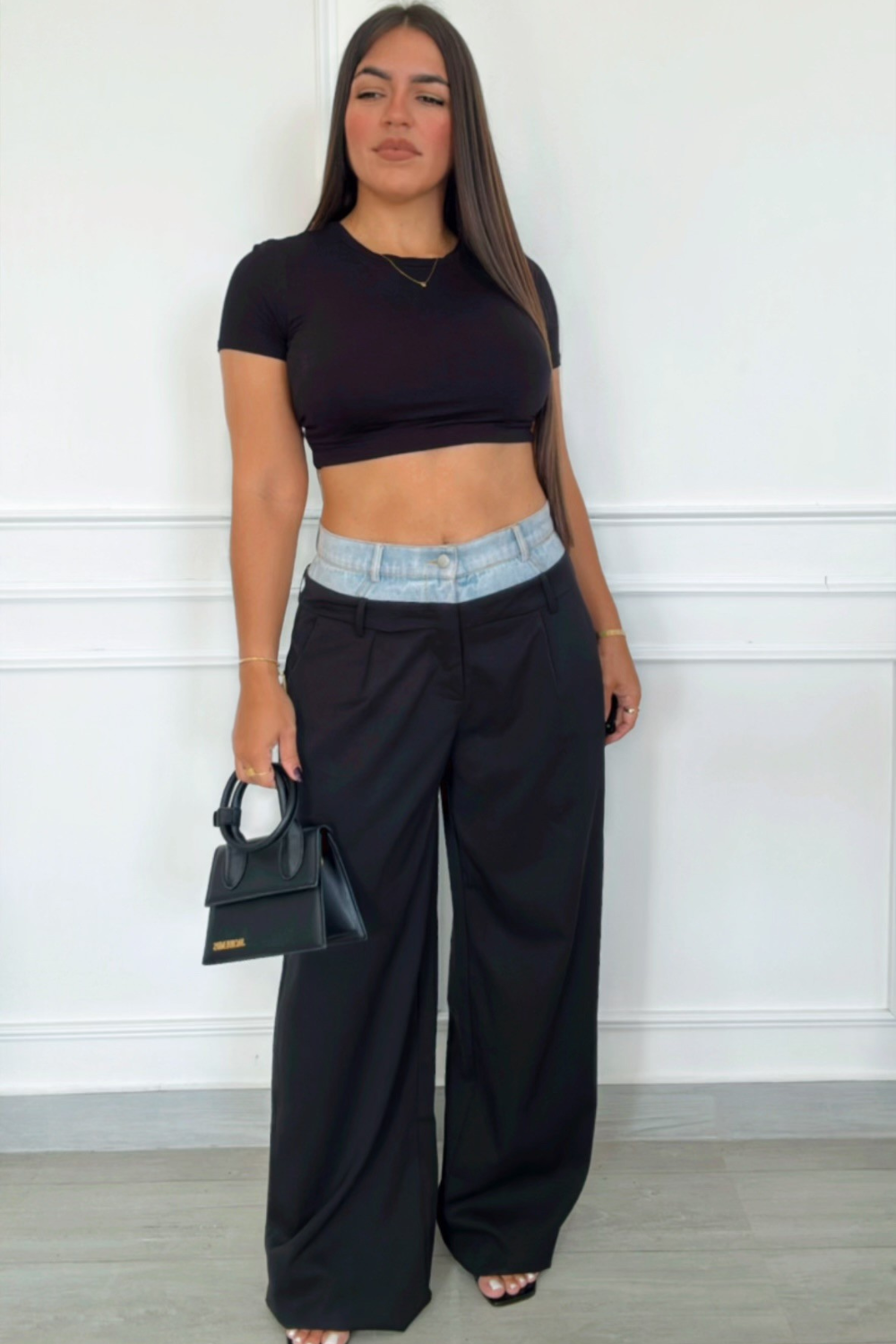 Denim waistband wide leg trousers