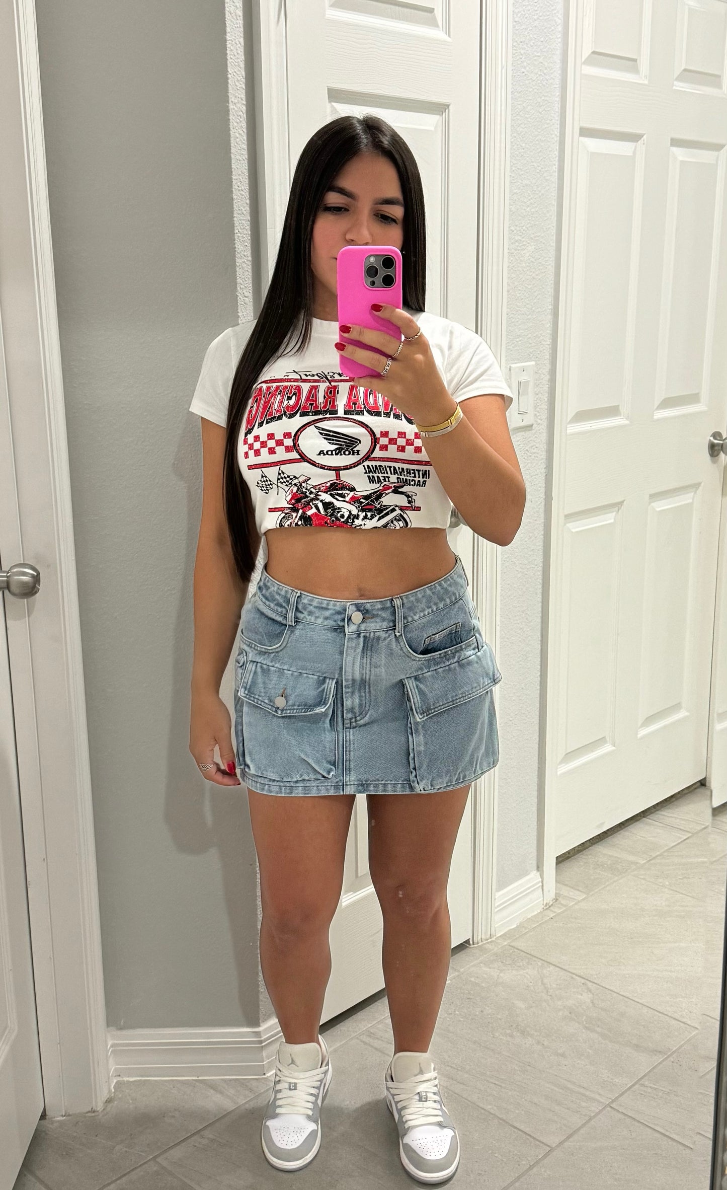 Light denim cargo mini skirt