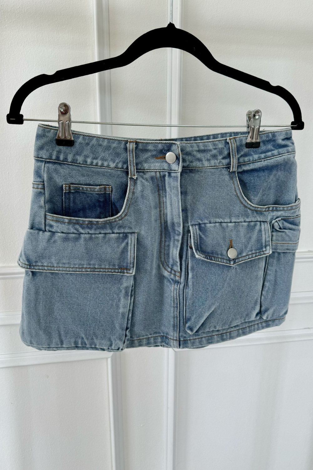 Light denim cargo mini skirt