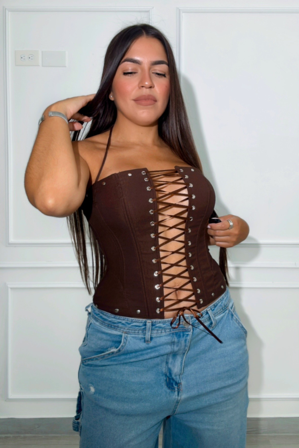 Mocha tie corset top