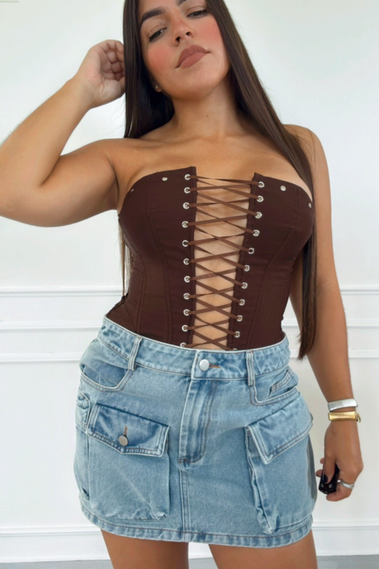 Light denim cargo mini skirt