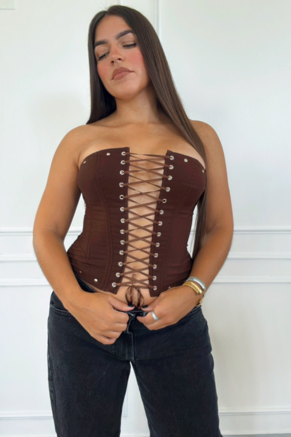 Mocha tie corset top