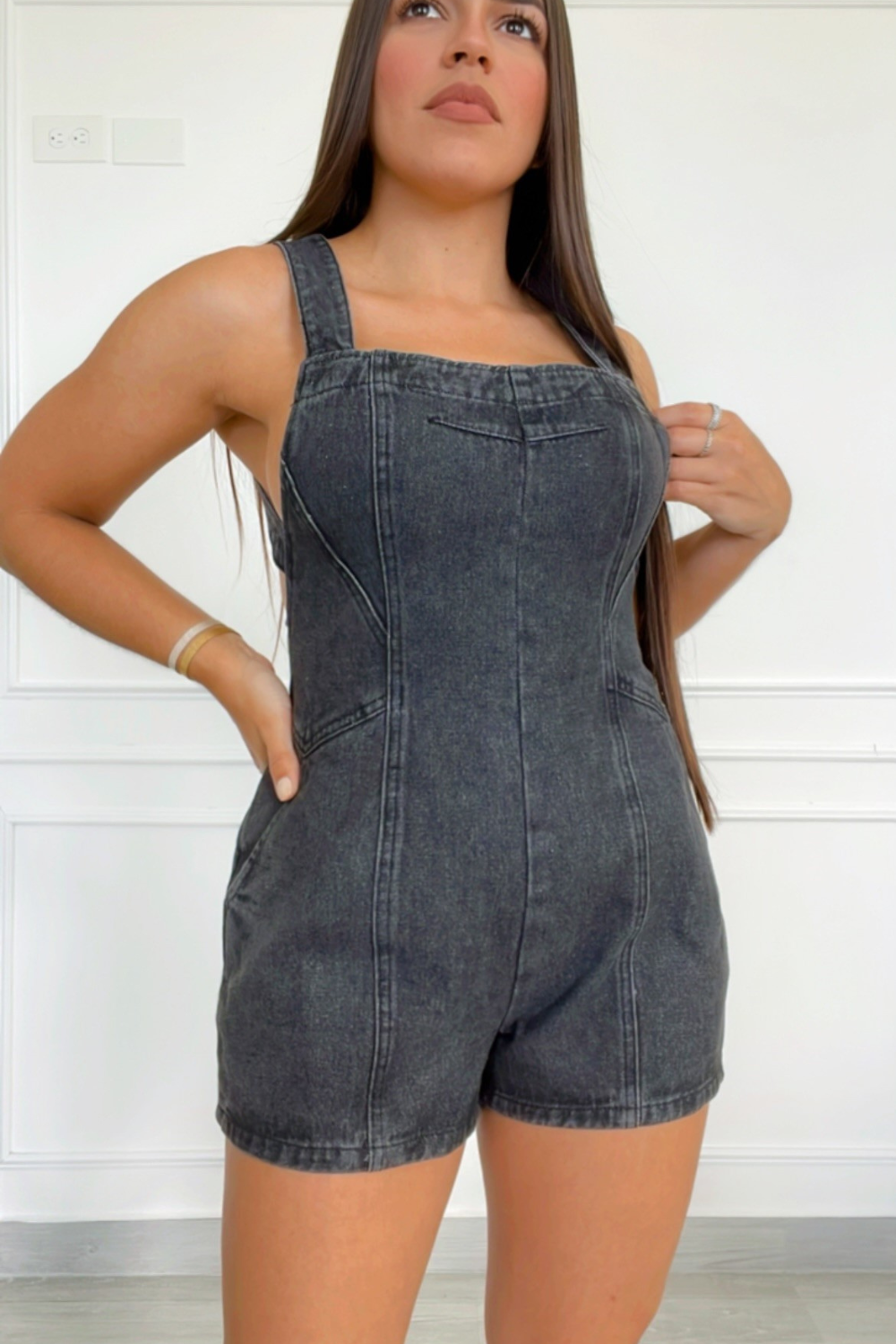 Open back denim black romper