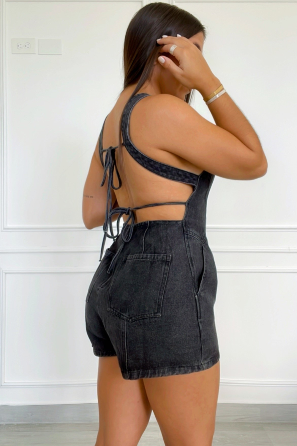 Open back denim black romper