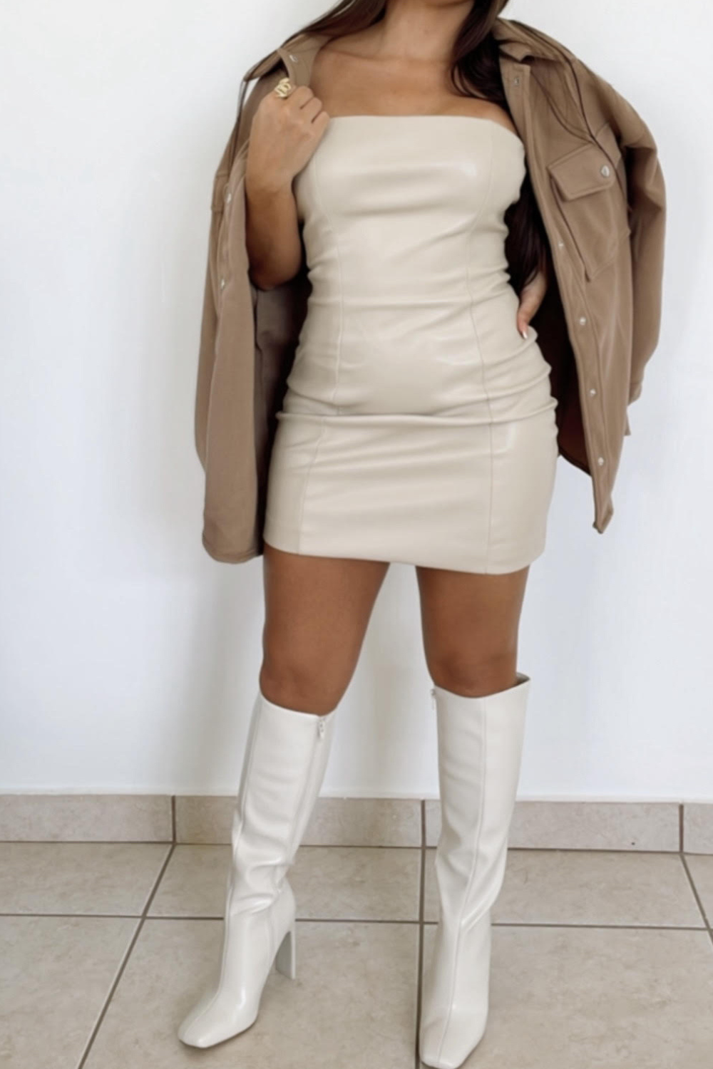 Leather strapless mini dress