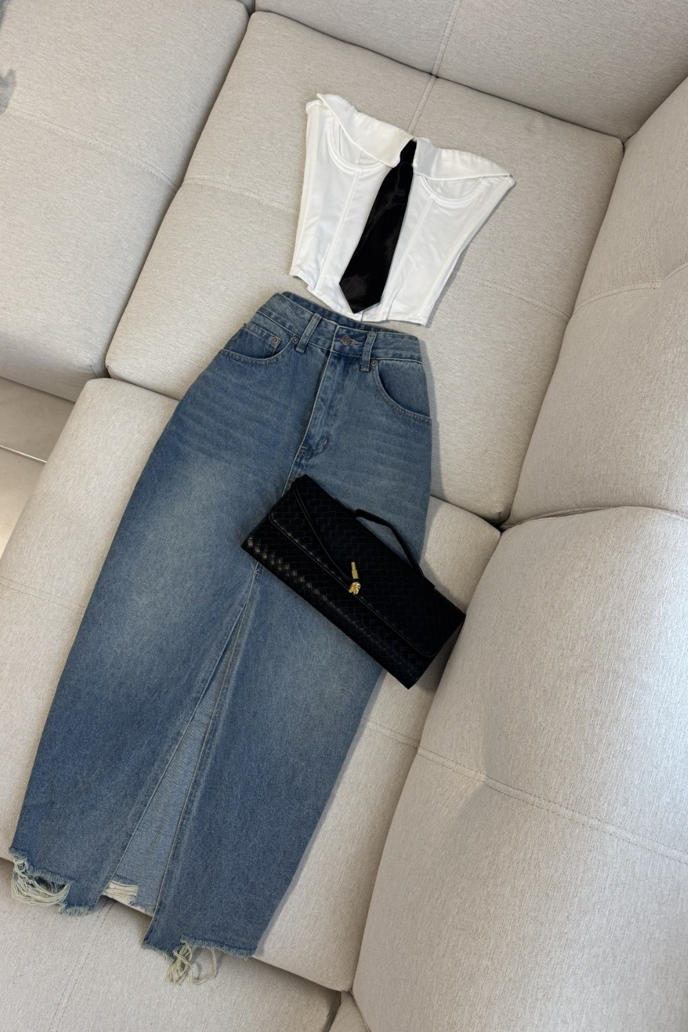Distressed maxi denim skirt