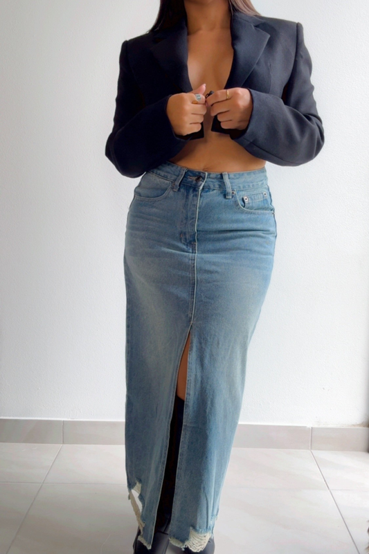 Distressed maxi denim skirt
