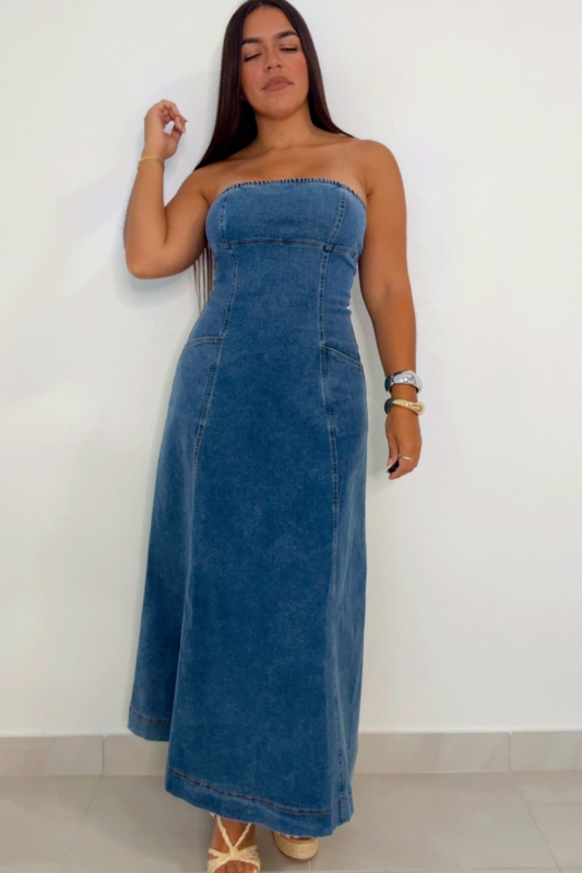 Strapless denim maxi dress