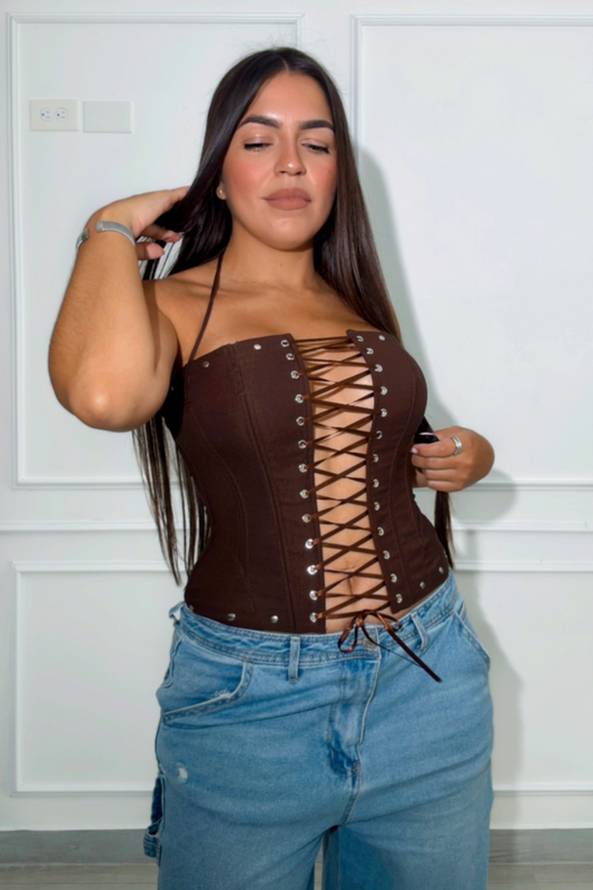 Mocha tie corset top