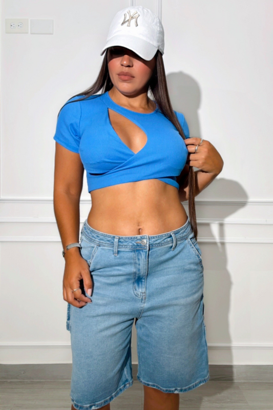 Sky blue padded crop top