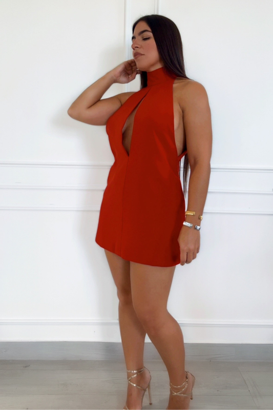 Mock neck hot red mini dress