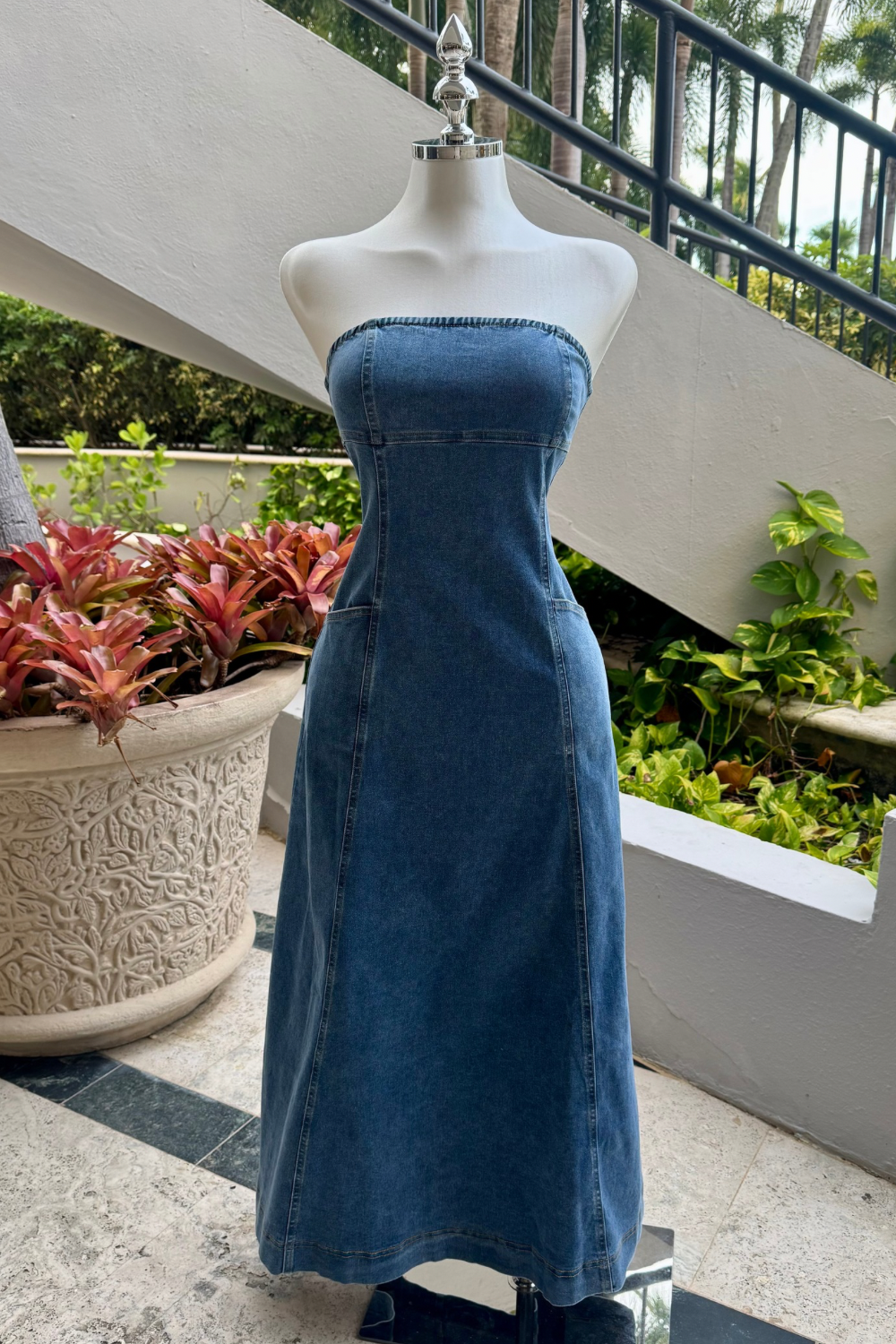 Strapless denim maxi dress