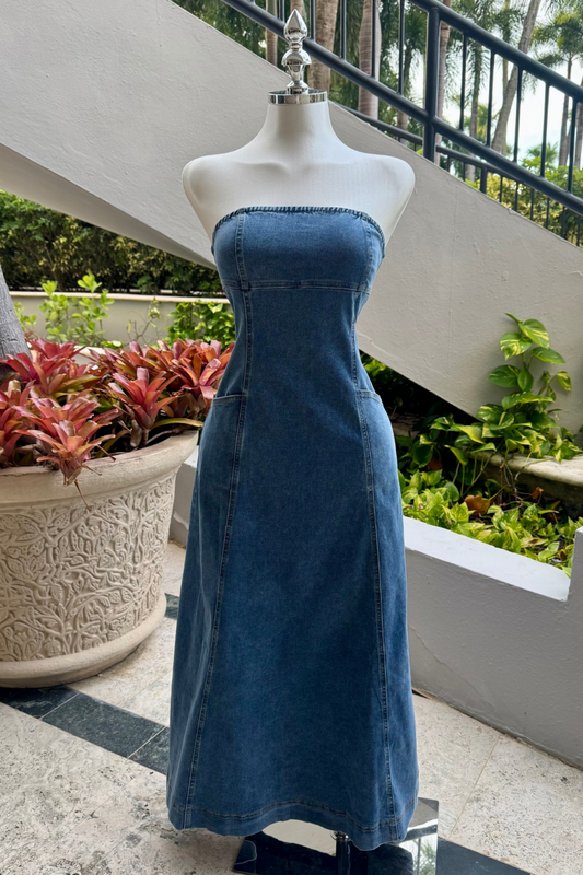 Strapless denim maxi dress