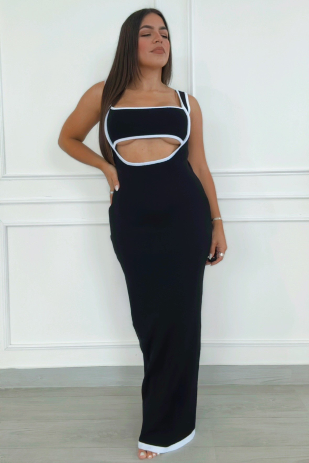 Open back black knit maxi dress