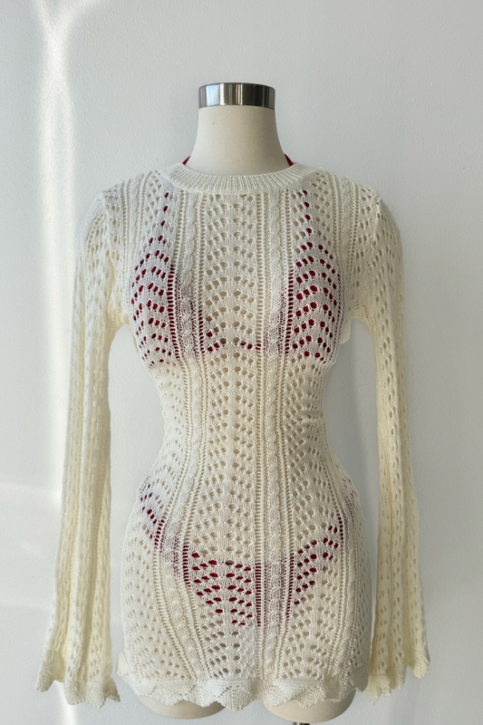 Open back beige crochet coverup