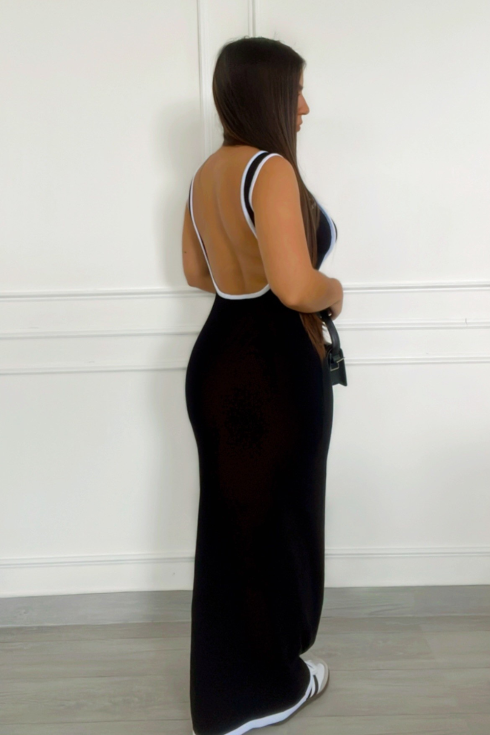 Open back black knit maxi dress