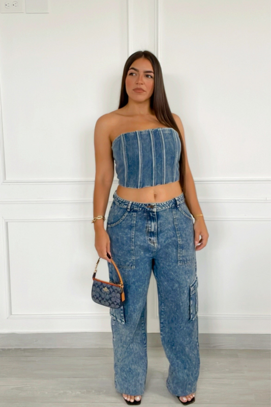 Washed denim corset top