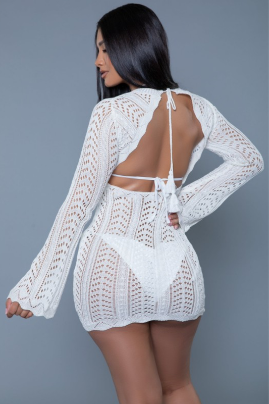 Open back beige crochet coverup