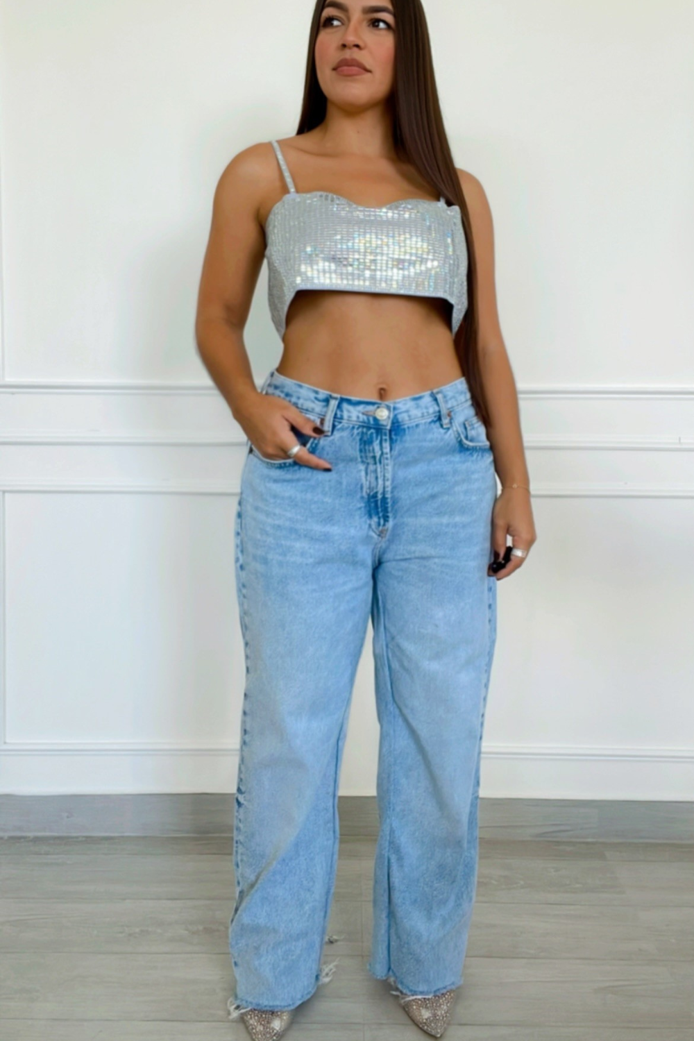 Rhinestone stones adjustable crop top