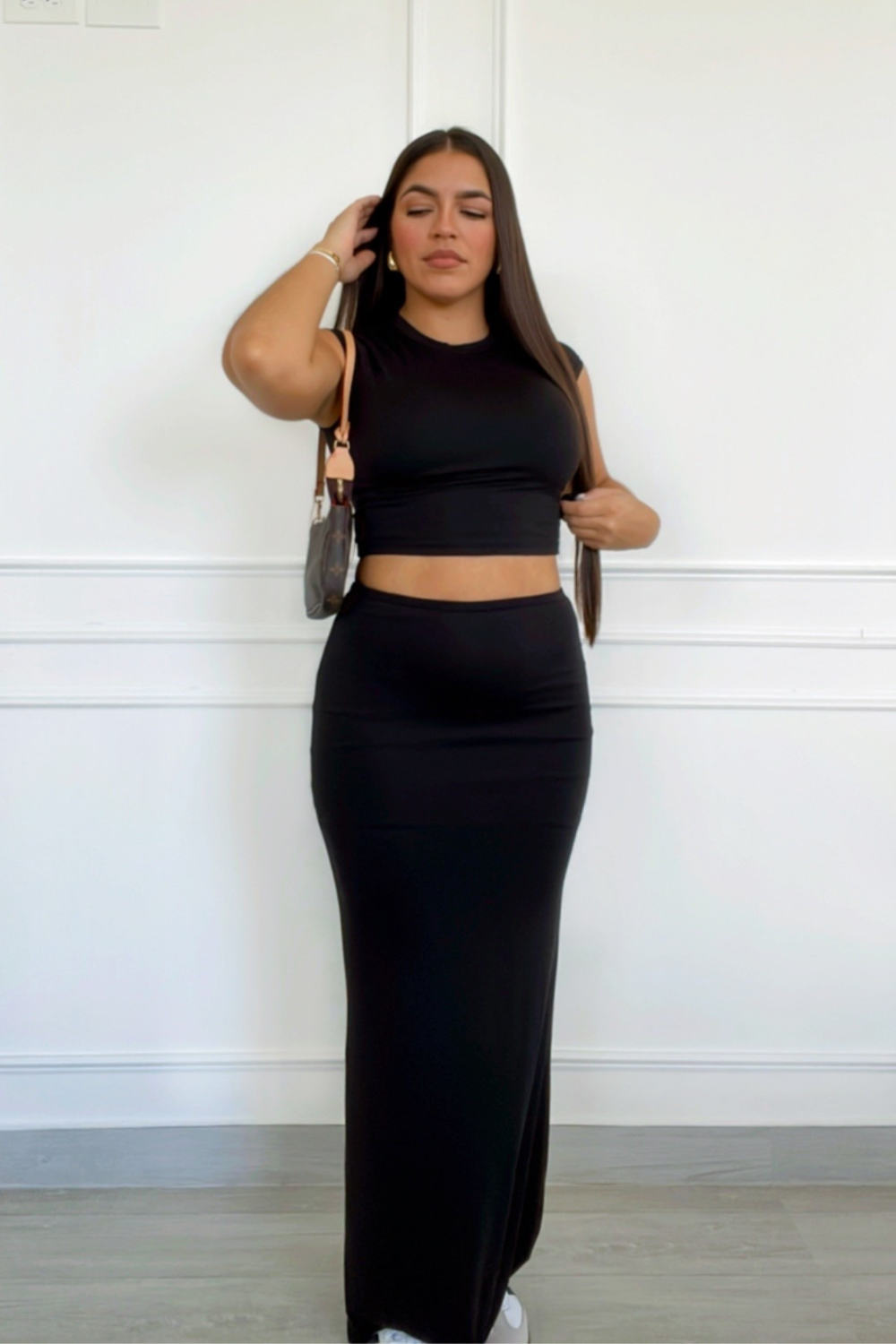 Black short sleeve top and maxi skirt set