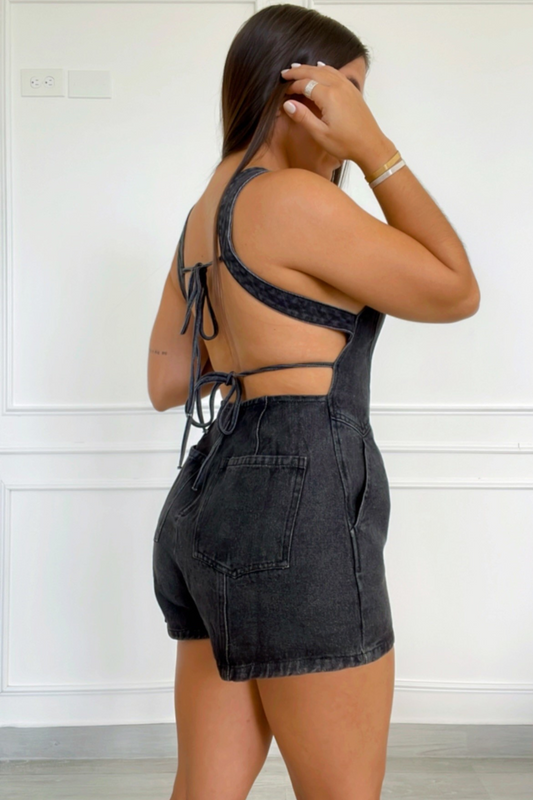 Open back denim black romper