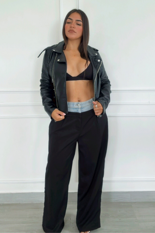 Denim waistband wide leg trousers